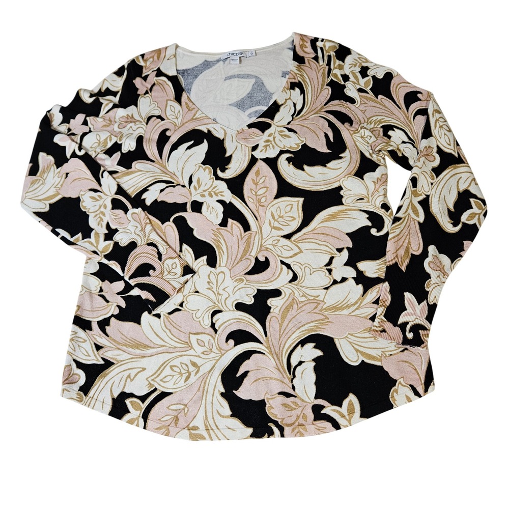 Chico's Black Pink Floral V-Neck Knit Top Size 0/Small Coastal Grandmacore